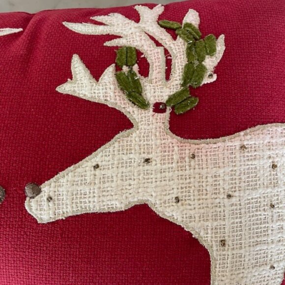 PIER 1 Reindeer Antler Wreath Applique Fringe Lumbar Pillow Red Rectangle - Picture 7 of 16